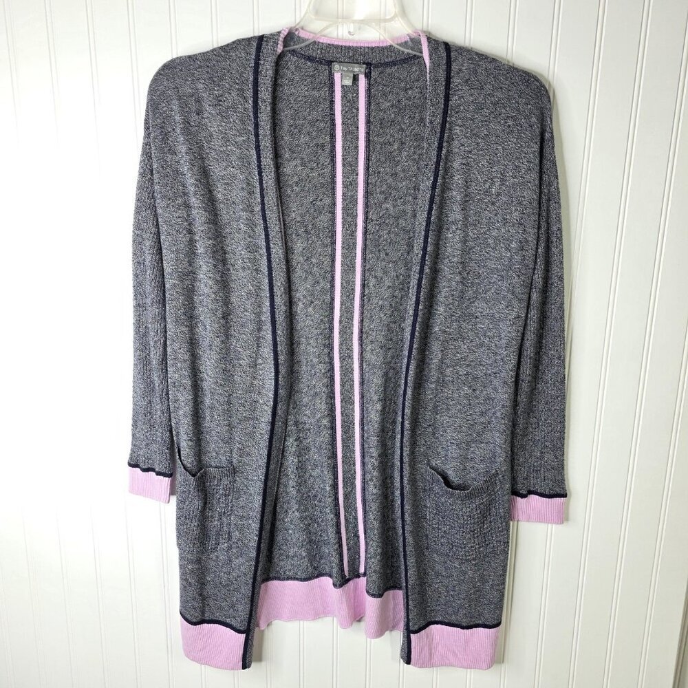T by Talbots Cardigan Sweater Women Small Petite Gray Open Pockets Office Preppy